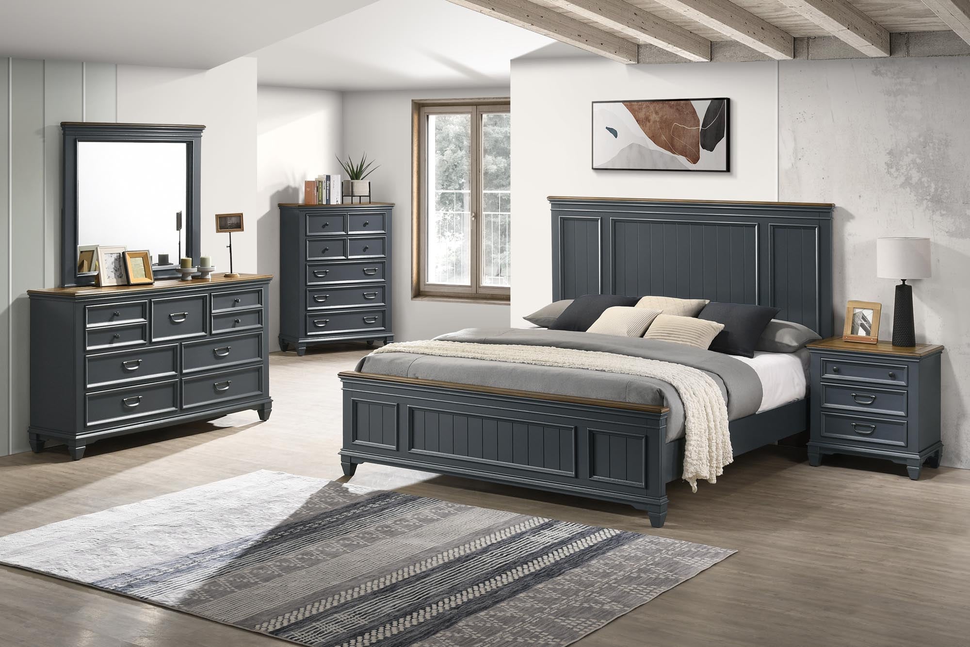Two Tone Blue Gray Bedroom Set in Queen Size