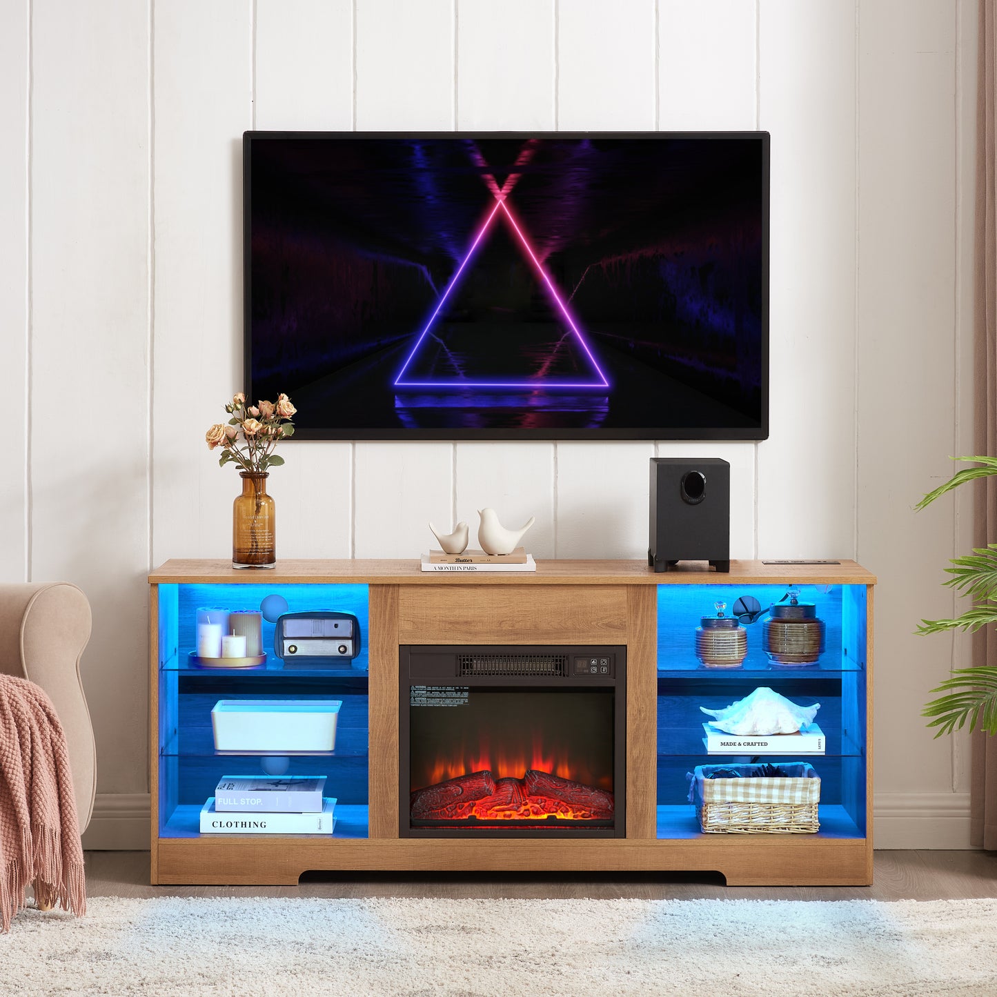 TV Stand Electric Fireplace  Glass Shelves, 3D Fireplace TV Stand with LED Lights Wood with USB Charging Outlet Modern Television Table Center for TV up to 62" OAK 58''W*15.5''D*24.4