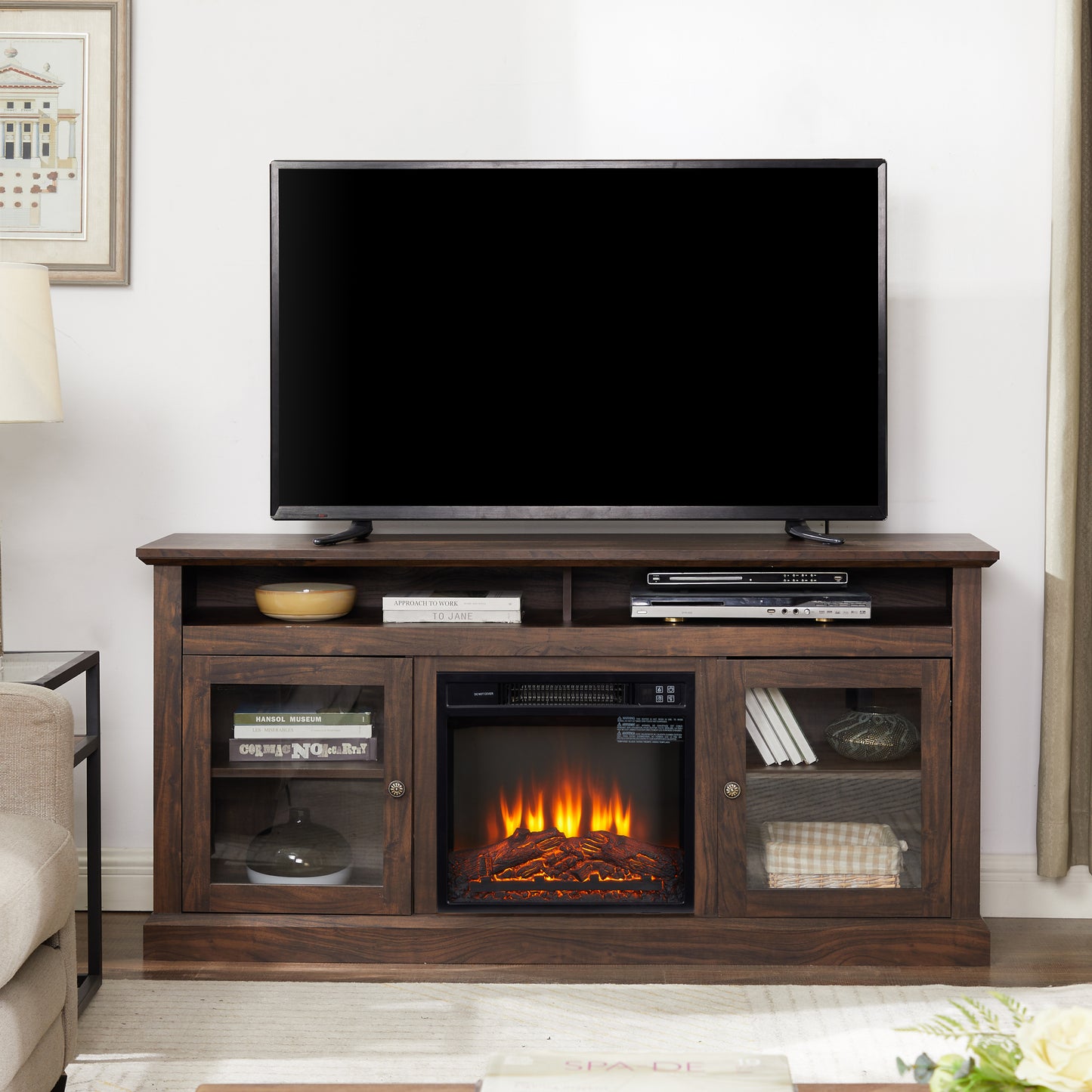 TV Stand for 65 inch TV, Entertainment Center with 18" Fireplace Insert TV Console Cabinet for Living Room/Bedroom Brown, 60"W*15.75"D*29"H