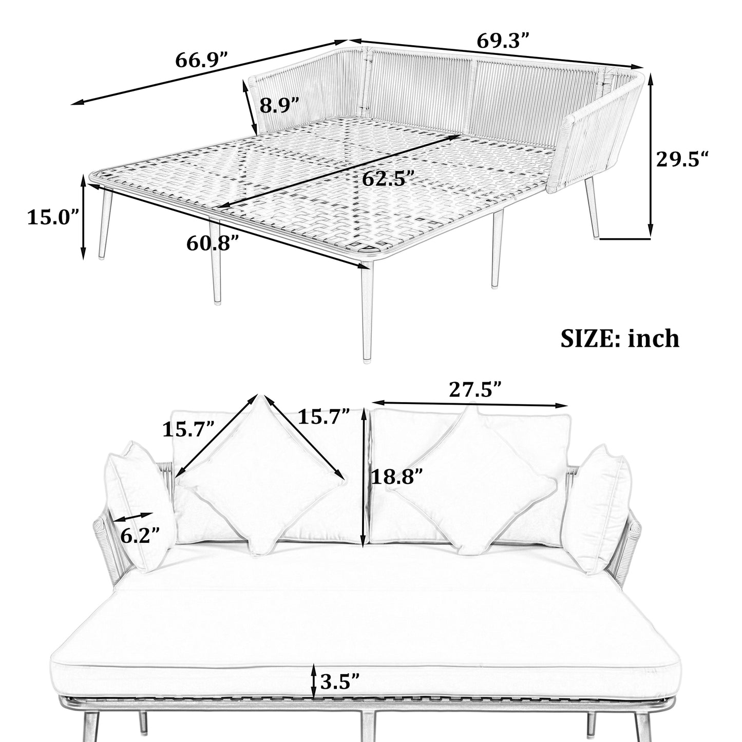 Outdoor Patio Daybed, Woven Nylon Rope Backrest with Washable Cushions for Balcony, Poolside, Set for 2 Person, Gray