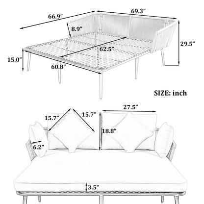 Outdoor Patio Daybed, Woven Nylon Rope Backrest with Washable Cushions for Balcony, Poolside, Set for 2 Person, Gray