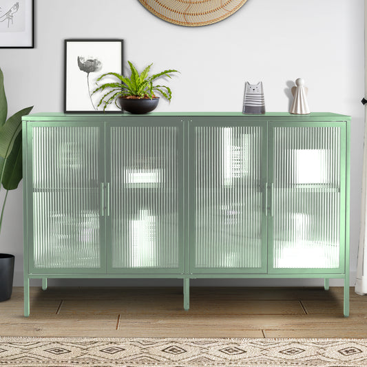 Stylish 4-Door Tempered Glass Cabinet with 4 Glass Doors Adjustable Shelf and Feet Anti-Tip Dust-free Fluted Glass Kitchen Credenza Light Green