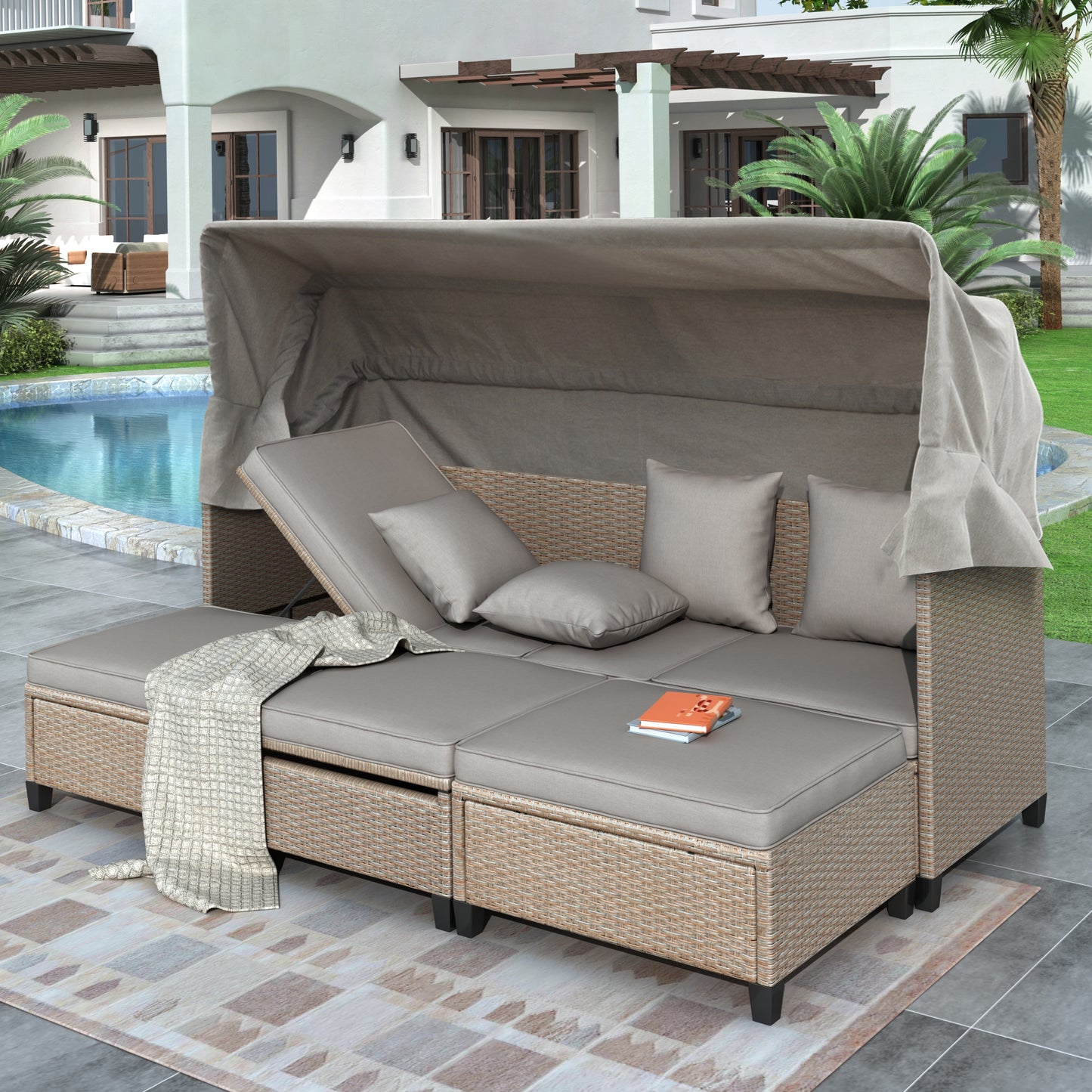 TOPMAX 4 Piece UV-Proof Resin Wicker Patio Sofa Set with Retractable Canopy, Cushions and Lifting Table,Brown