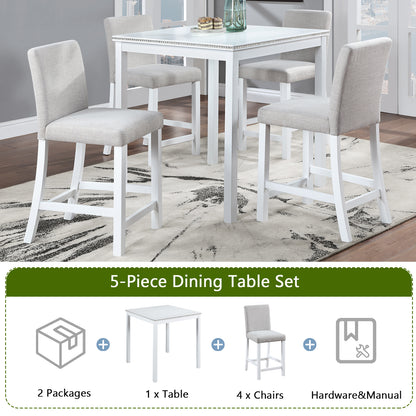 5 Piece Counter Height Table Set, Wooden Kitchen Table Set with Square Table and 4 Upholstered Chairs, Counter Height Dining Table with Crystal Decoration and Chair Set for Kitchen, Dining Room,White