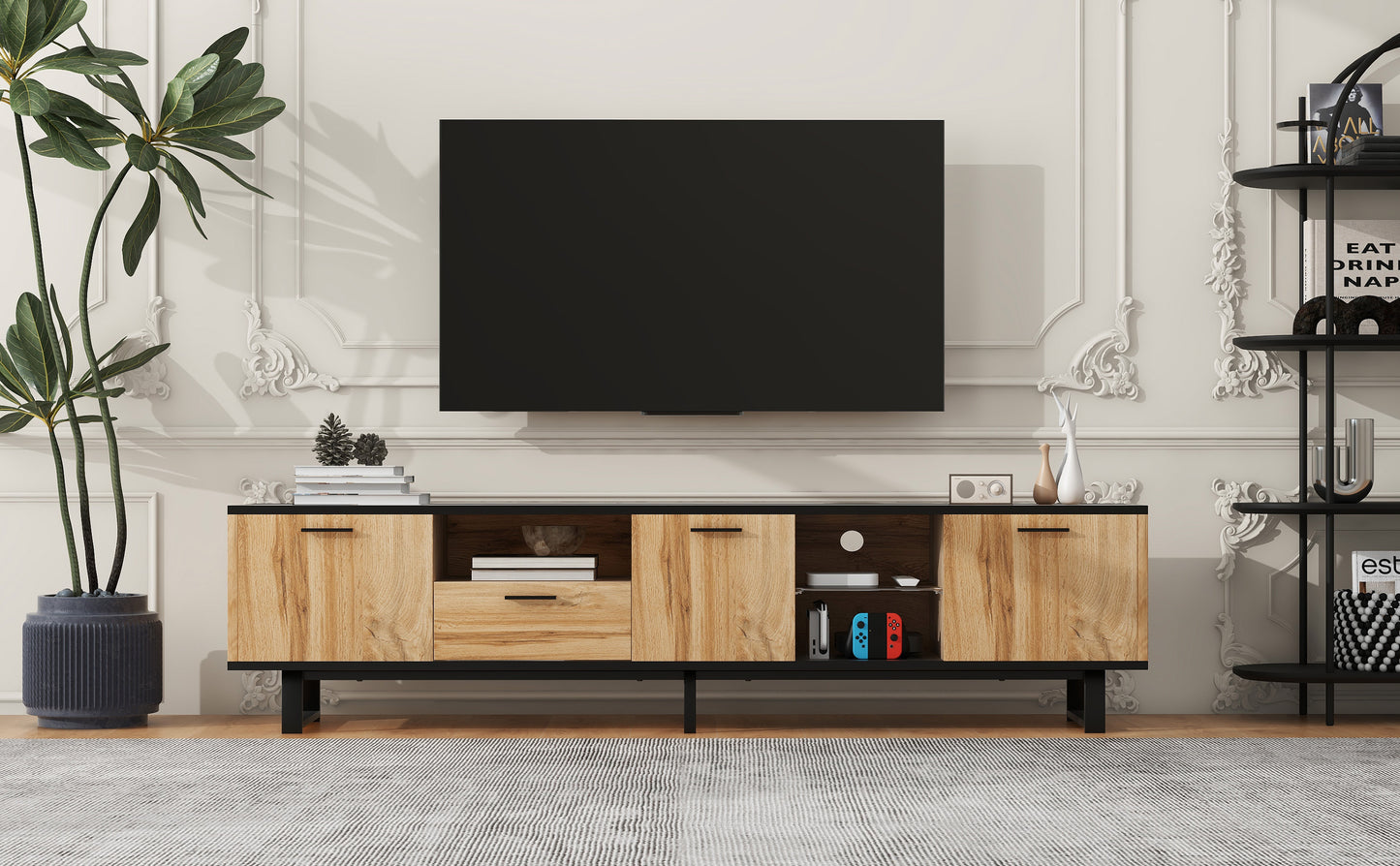 Modern TV Stand with 4 Cabinets& Open Shelves, Color-matching Media Console Table for TVs up to 80'', Entertainment Center with Drop Down Door for Living Room, Bedroom, Home Theatre