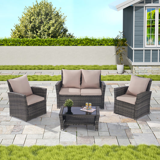 4 Pieces Outdoor Patio Furniture Sets Garden Rattan Chair Wicker Set, Poolside Lawn Chairs with Tempered Glass Coffee Table Porch Furniture,  Gray Rattan +  sand color Cushion