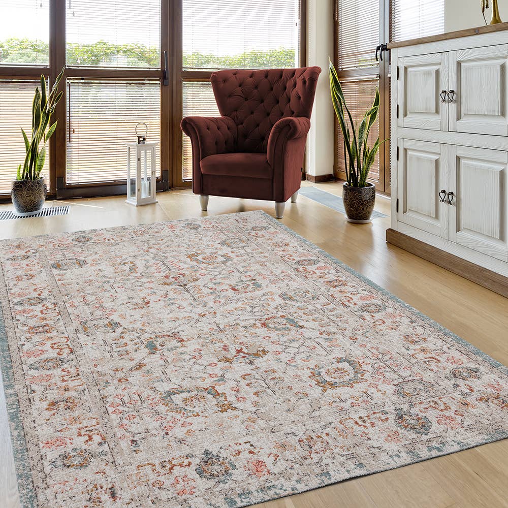 Anica Beige Traditional Floral Indoor/ Outdoor Area Rug: 5'3" X 7'10"