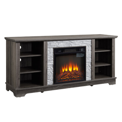 Mantel Electric Fireplace Stone TV Media Stand with Faux Stacked Stone Surround, Modern Entertainment Console with Open Storage Space with 18" Fireplace Insert ,Grey, 58.31"W*15.39"D*26.06"H