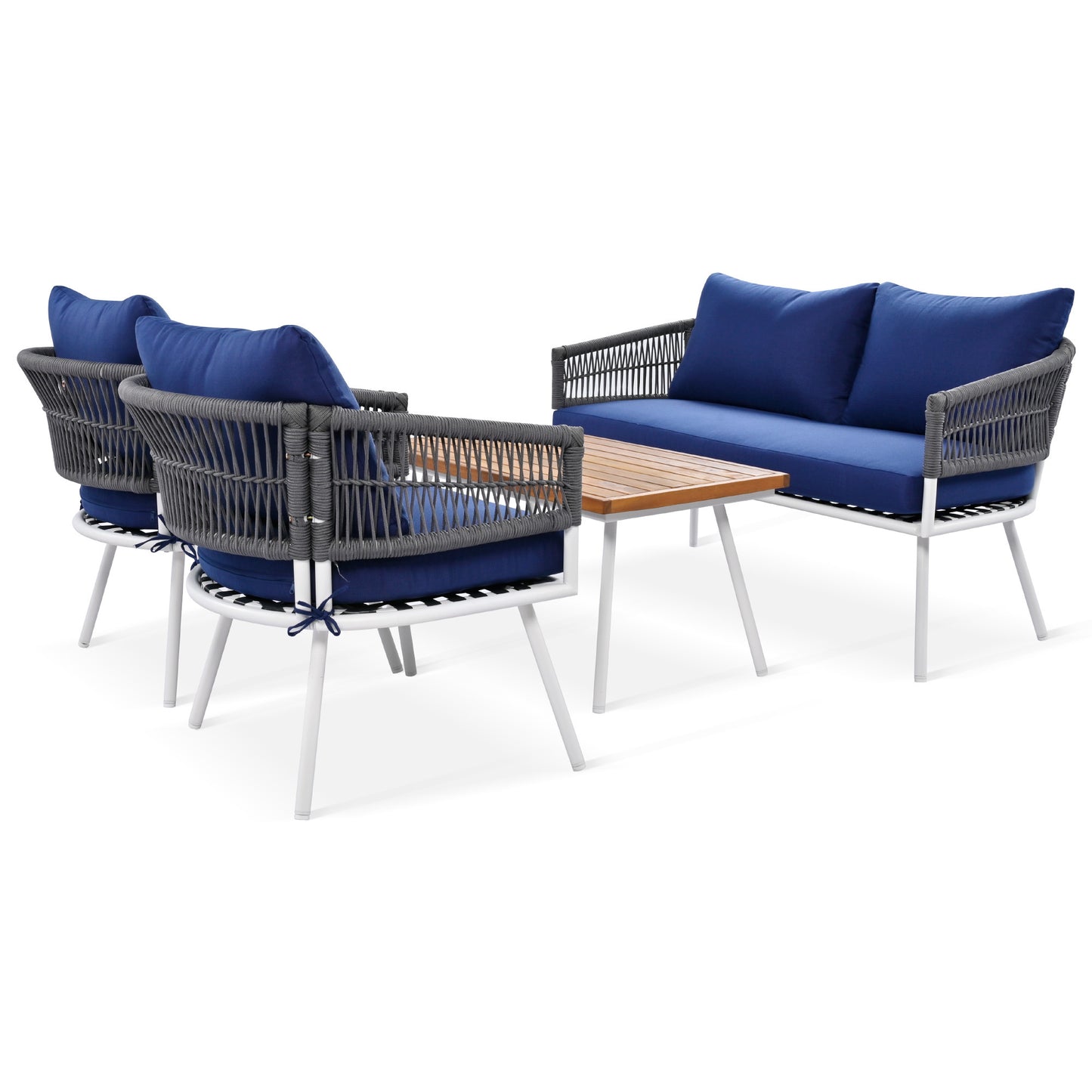 4-Piece Boho Rope Patio Furniture Set, Outdoor Furniture with Acacia Wood Table, Patio Conversation Set with Deep Seating & Thick Cushion for Backyard Porch Balcony, Navy Blue