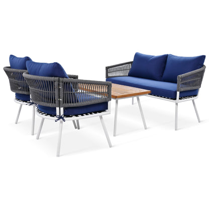 4-Piece Boho Rope Patio Furniture Set, Outdoor Furniture with Acacia Wood Table, Patio Conversation Set with Deep Seating & Thick Cushion for Backyard Porch Balcony, Navy Blue