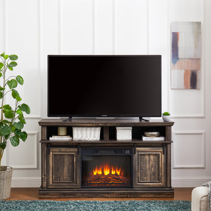 Modern Entertainment Console TV Stand with 23" Fireplace Insert, Multipurpose Sliding Door TV Cabinet Large Storage Space, 58.11"W*15.79"D*32.36"H Antique brown