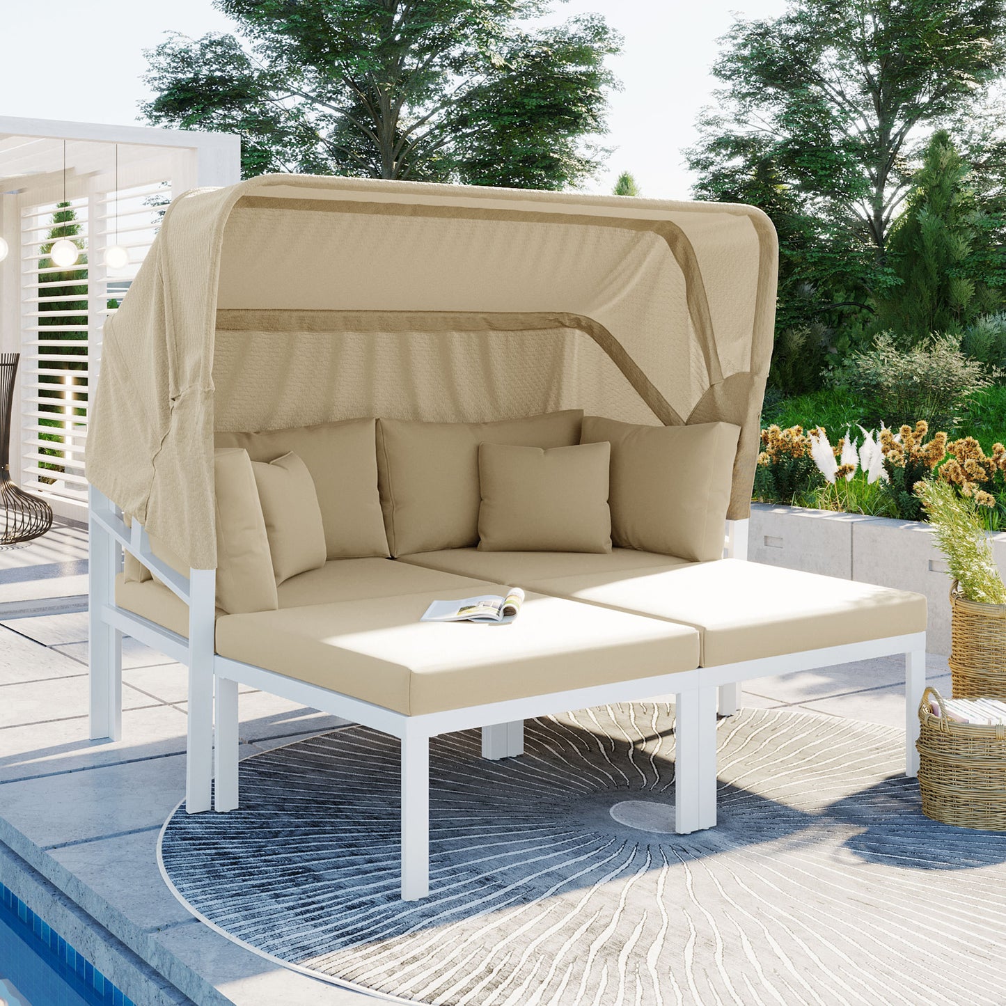 3-Piece Patio Daybed with Retractable Canopy Outdoor Metal Sectional Sofa Set Sun Lounger with Cushions for Backyard, Porch, Poolside, Beige