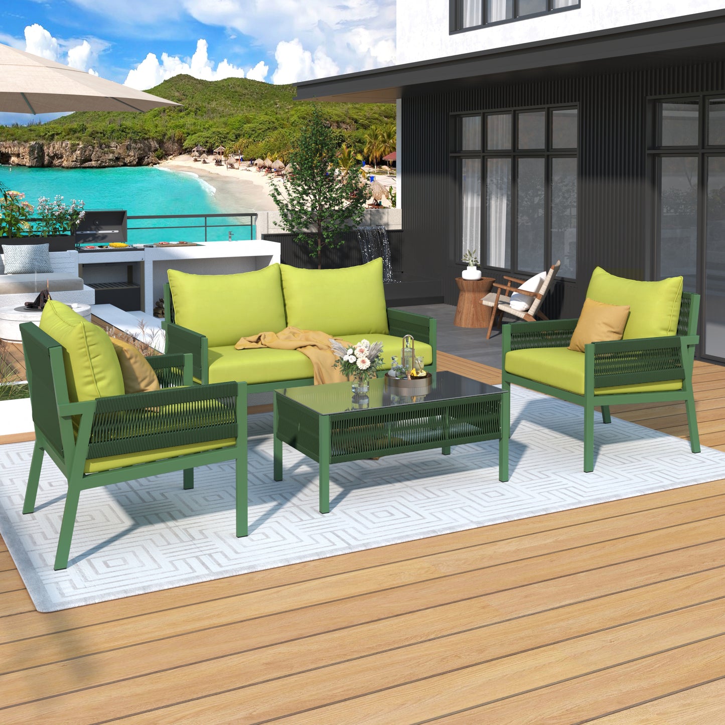 Rope Patio Furniture Set, Outdoor Furniture with Tempered Glass Table, Patio Conversation Set Deep Seating with Thick Cushion for Backyard Porch Balcony (Fluorescent Yellow & Green)