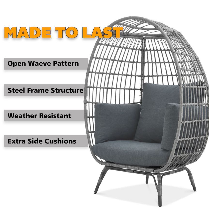 Large Outdoor Egg Chair, Indoor Patio Wicker Basket Chair with Cushion, Rattan Egg Chairs for Bedroom, Outside, Balcony,Grey