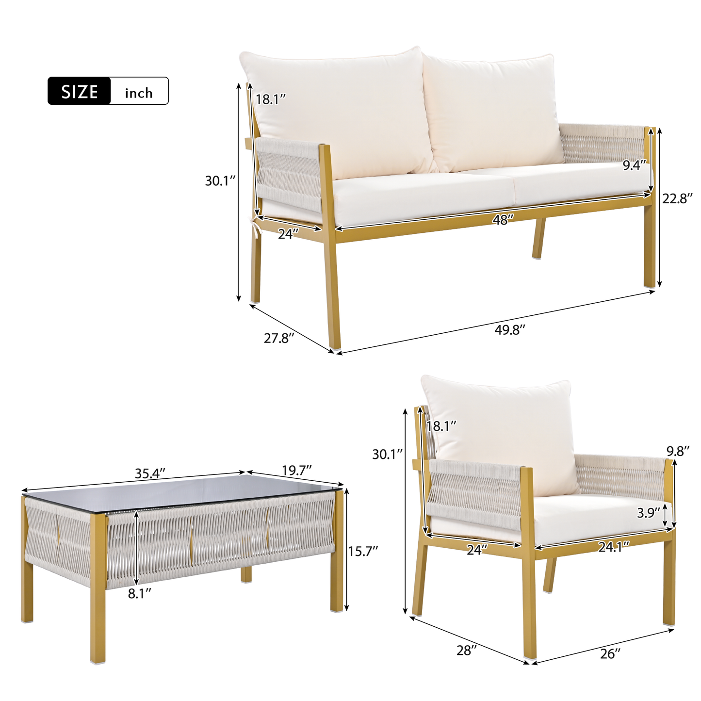 4-Piece Rope Patio Furniture Set, Outdoor Furniture with Tempered Glass Table, Patio Conversation Set Deep Seating with Thick Cushion for Backyard Porch Balcony (Beige&Mustard Yellow)