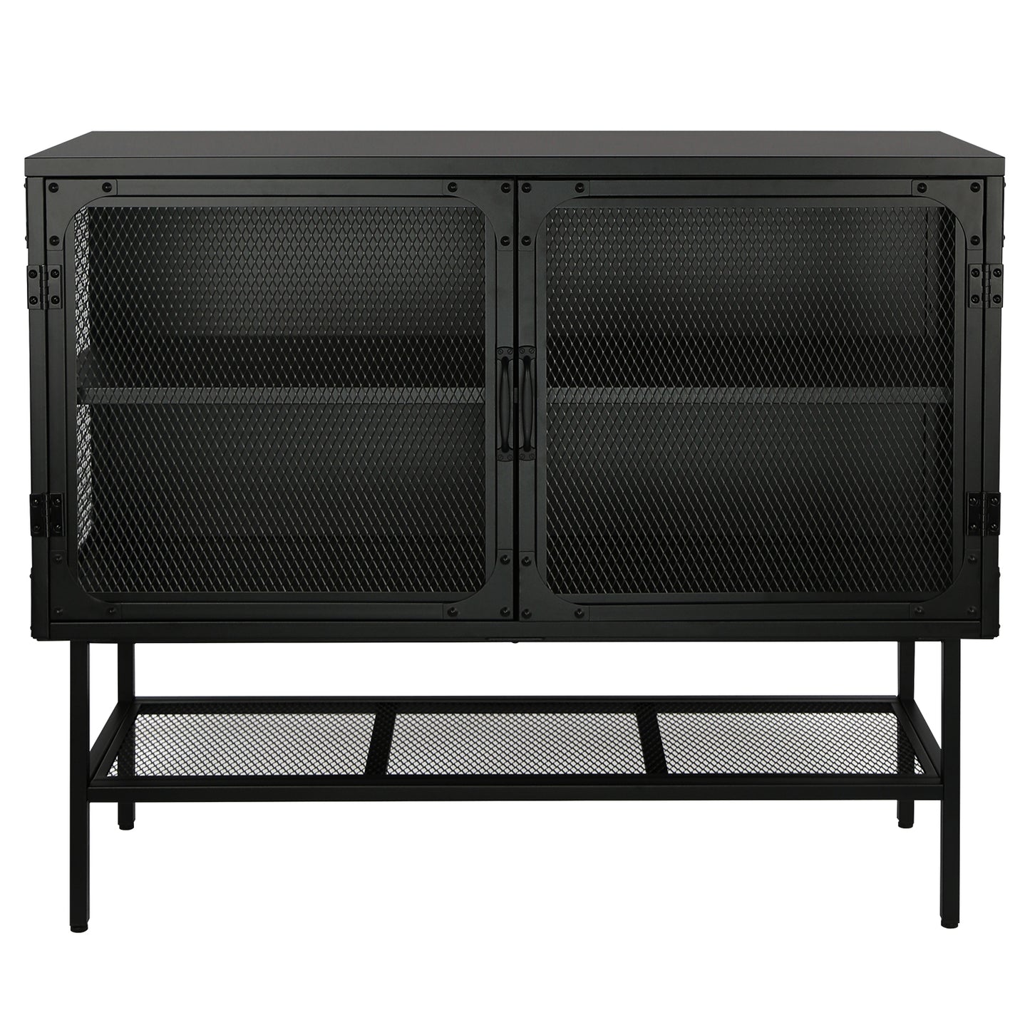 Industrial Double Door Cabinet Console Table with 2 Mesh Doors Adjustable Shelf and Feet Bottom Shelf Anti-Tip Dust-free Kitchen Credenza Sideboard Frosted Black