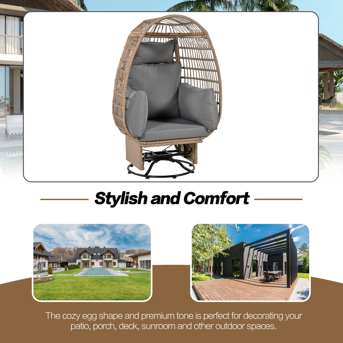 TREXM Outdoor Swivel Chair with Cushions, Rattan Egg Patio Chair with Rocking Function for Balcony, Poolside and Garden (Natural Wicker + Grey Cushion)