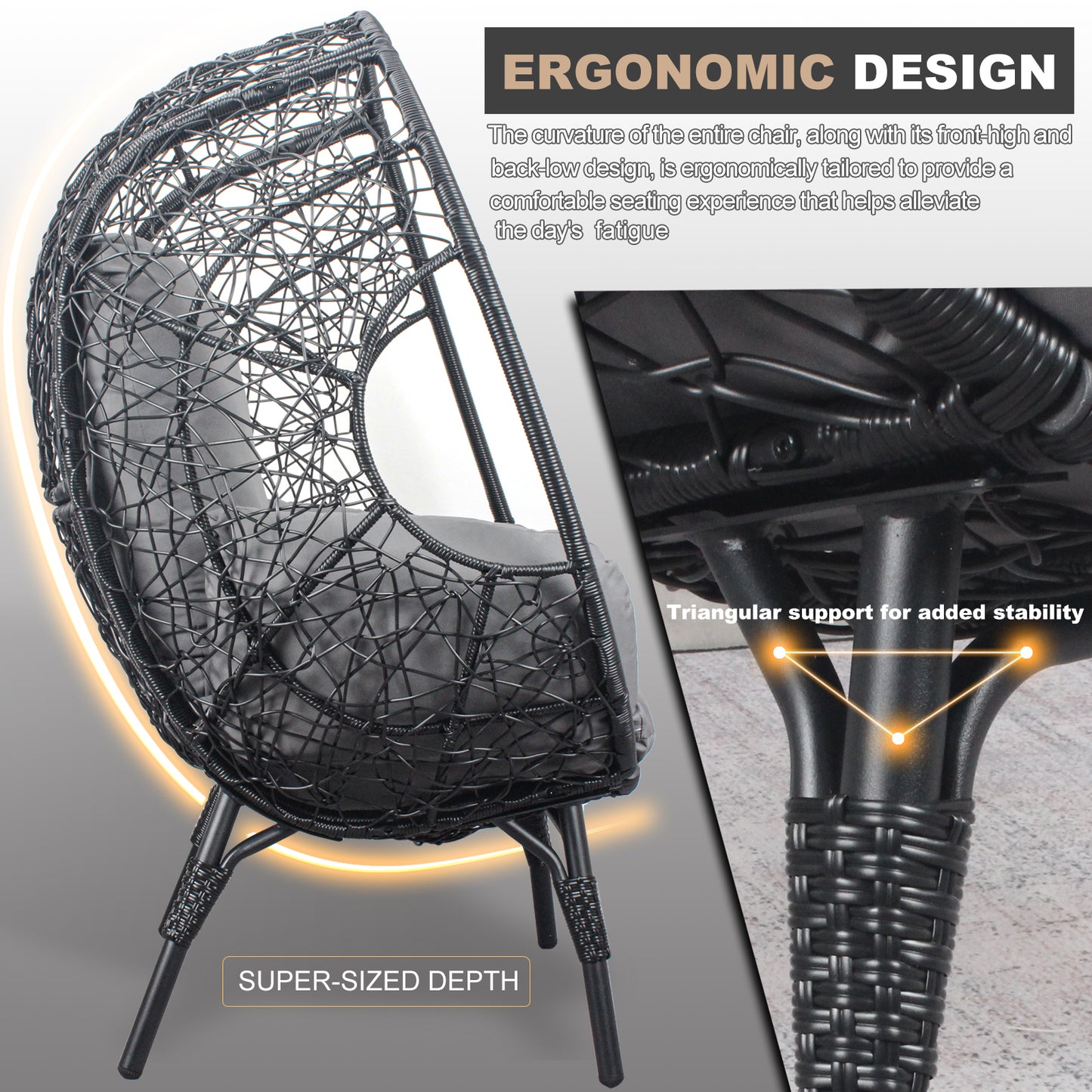 Patio PE Wicker Egg Chair Model 3 with Black Color Rattan Grey Cushion