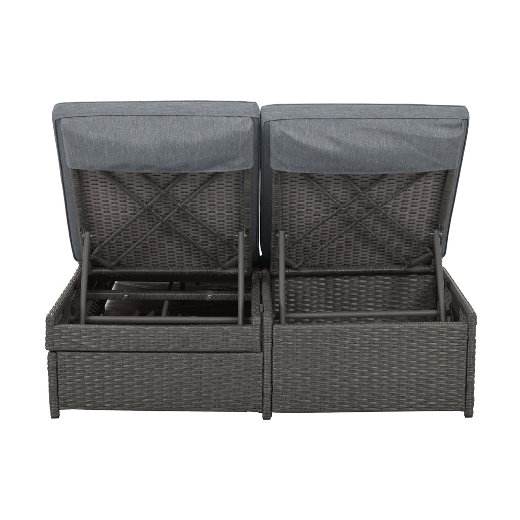Outdoor Double Sunbed, Wicker Rattan Patio Reclining Chairs with Adjustable Backrest and Seat, Conversational Set for 2 Person, Gray