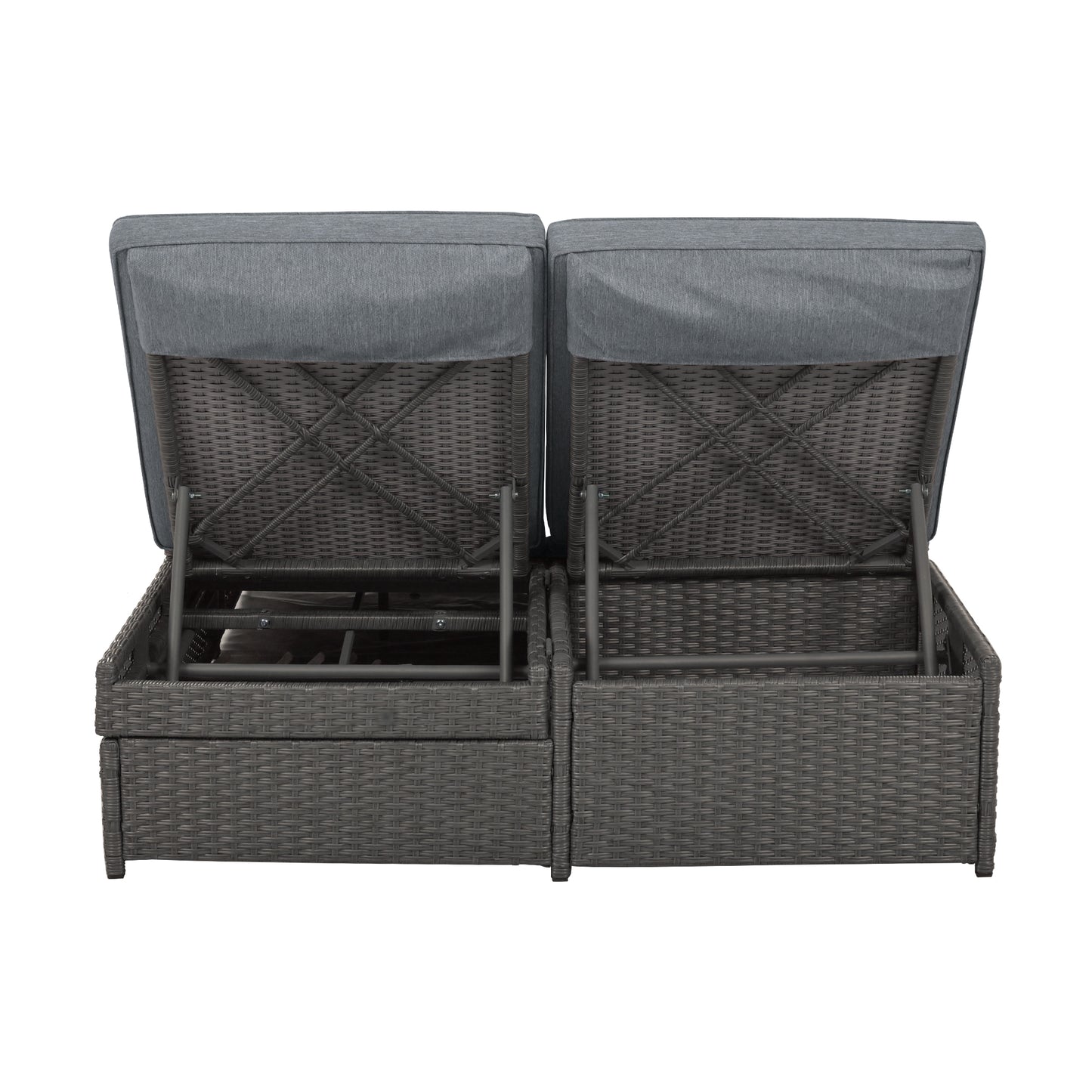 Outdoor Double Sunbed, Wicker Rattan Patio Reclining Chairs with Adjustable Backrest and Seat, Conversational Set for 2 Person, Gray