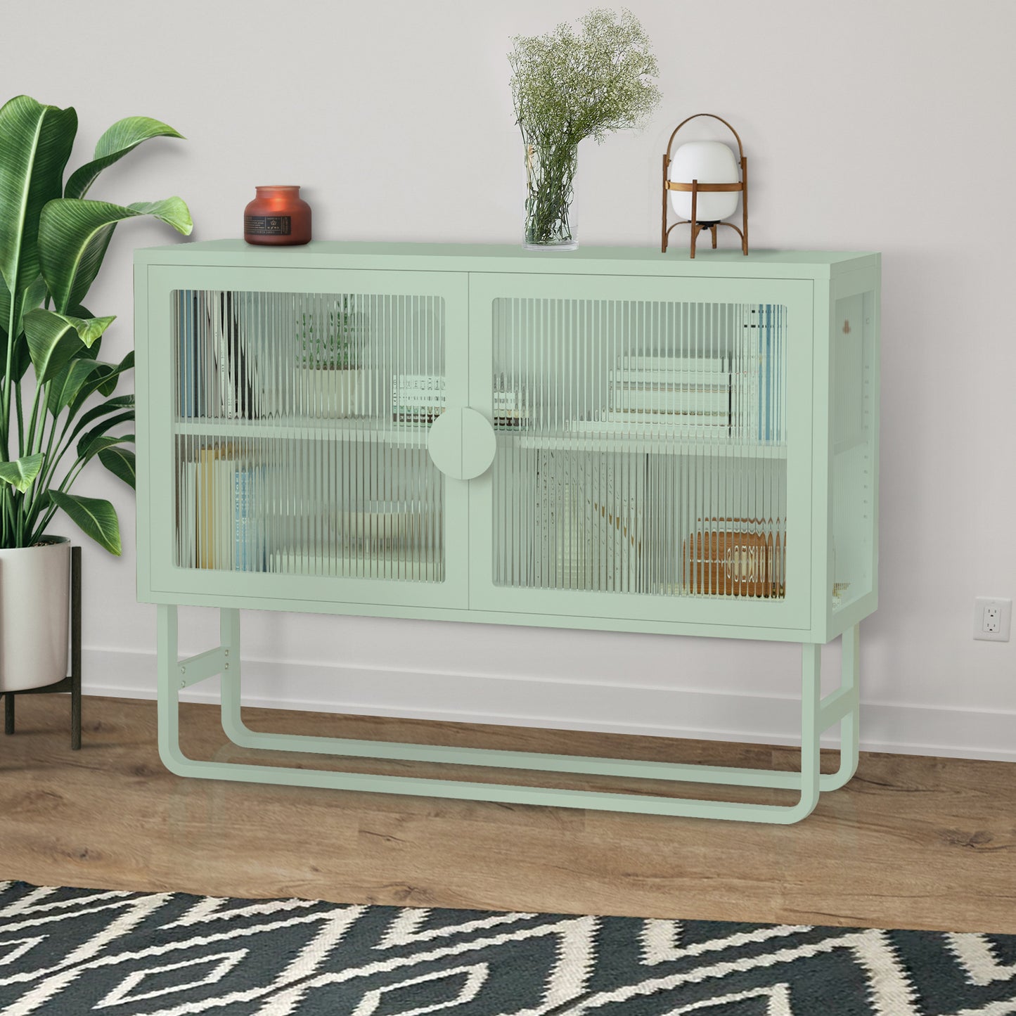 Stylish Tempered Glass Cabinet Credenza with 2 Fluted Glass Doors Adjustable Shelf U-shaped Leg Anti-Tip Dust-free Enclosed Cupboard for Kitchen Living Room Light Green