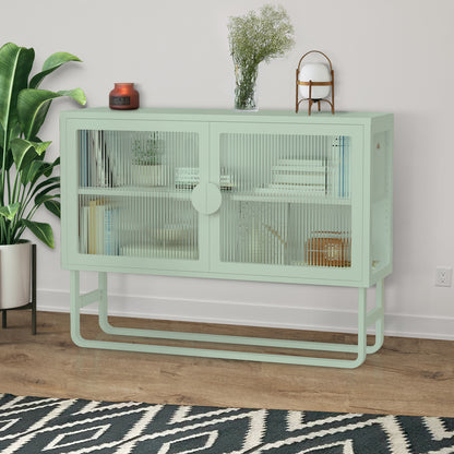 Stylish Tempered Glass Cabinet Credenza with 2 Fluted Glass Doors Adjustable Shelf U-shaped Leg Anti-Tip Dust-free Enclosed Cupboard for Kitchen Living Room Light Green