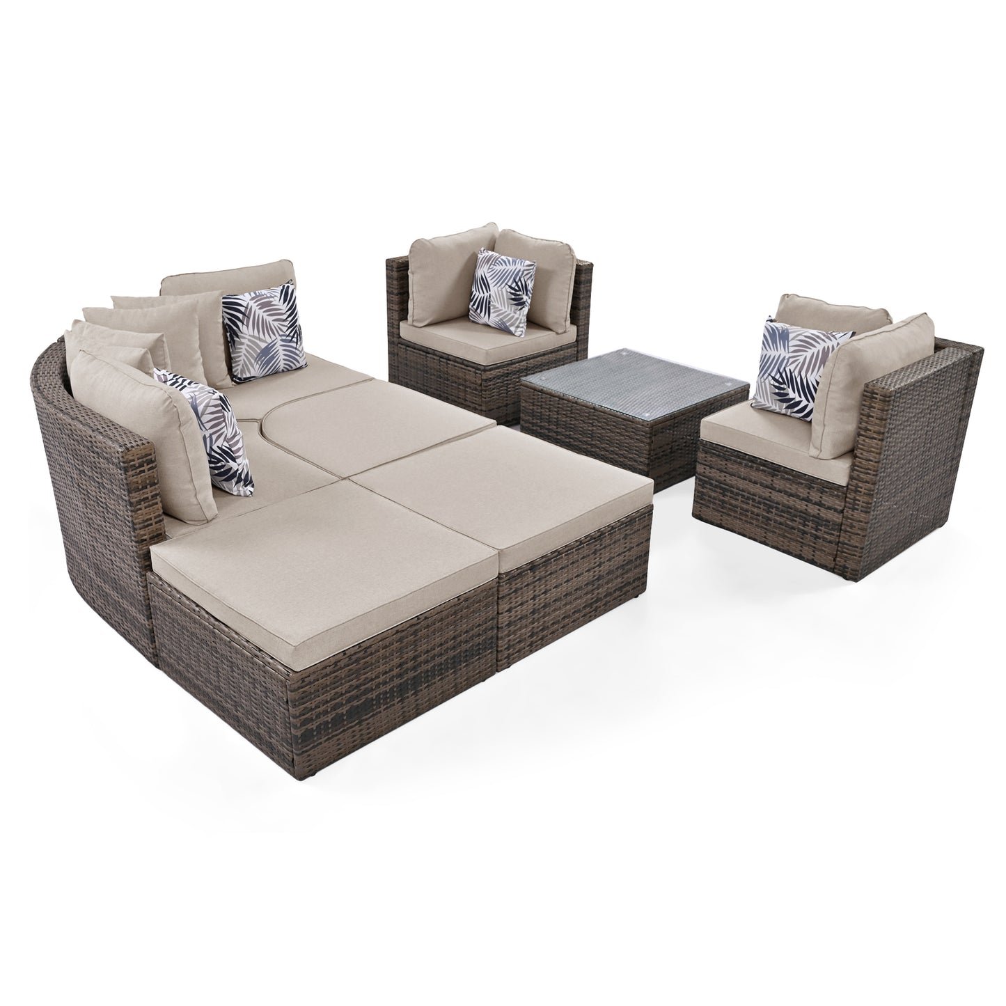 8-piece Outdoor Wicker Sofa Set, Rattan Sofa Lounger, With Colorful Pillows, Conversation Sofa, For Patio, Garden, Deck, Brown Wicker, Beige Cushion