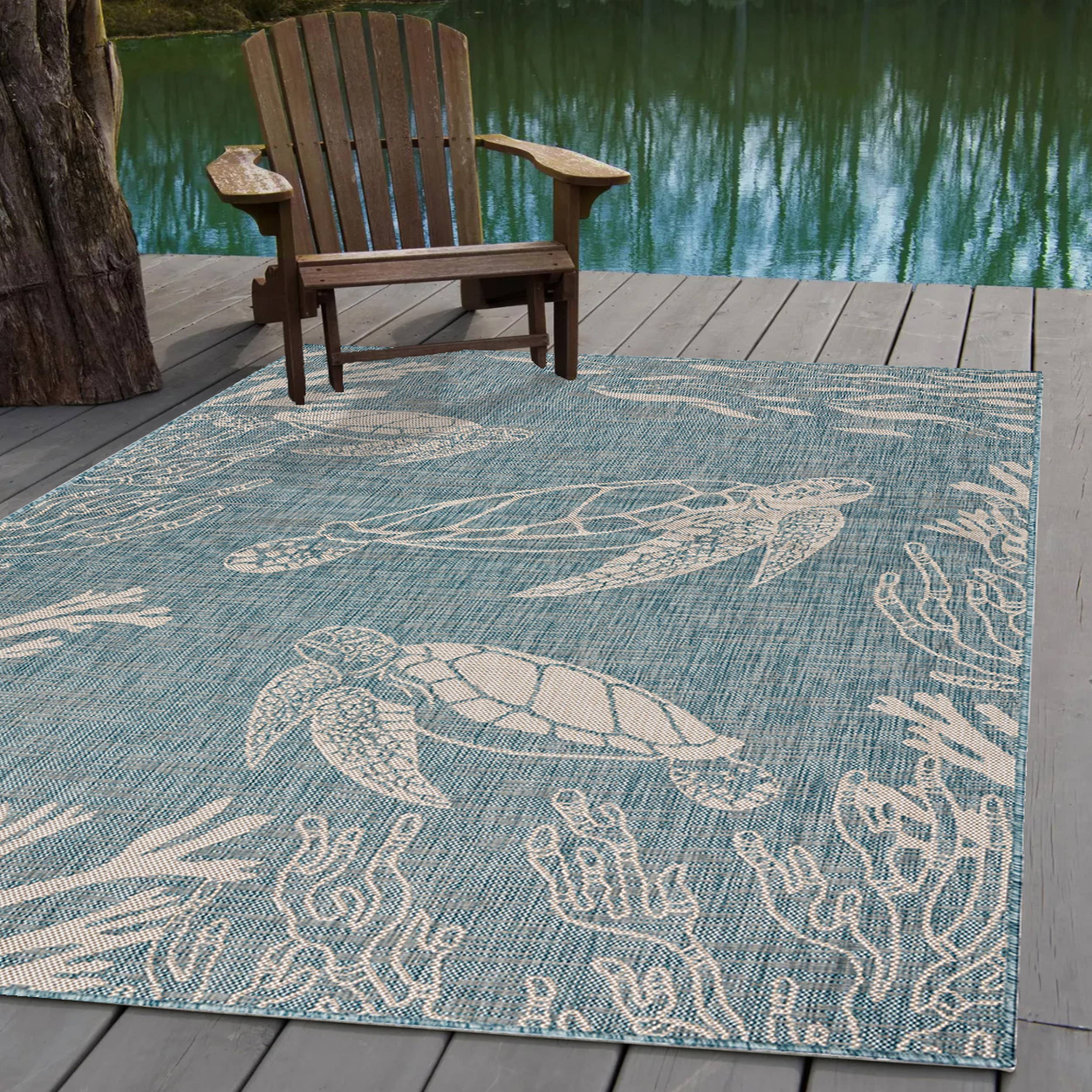 Samantha Tropical Turtle Reef Aqua Indoor Outdoor Area Rug: 5'3" x 7'