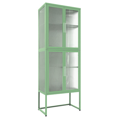 Stylish 4-Door Tempered Glass Cabinet with 4 Glass Doors Adjustable Shelves U-Shaped Leg Anti-Tip Dust-free Fluted Glass Kitchen Credenza Light Green