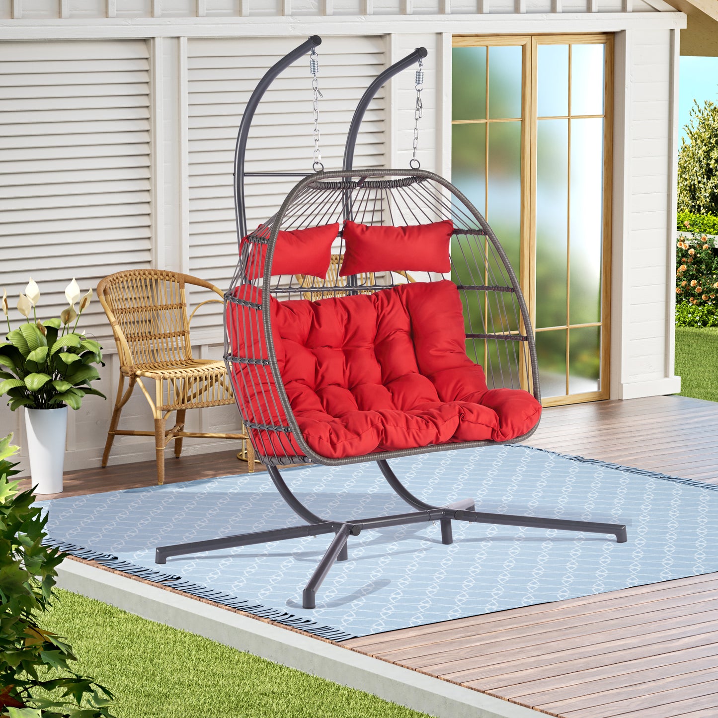 2 Person Outdoor Rattan Hanging Chair Patio Wicker Egg Chair