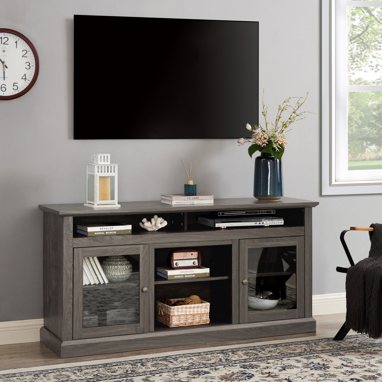 Contemporary TV Media Stand Modern Entertainment Console for TV Up to 65" with Open and Closed Storage Space, Dark Walnut/Black, 60"W*15.75"D*29"H