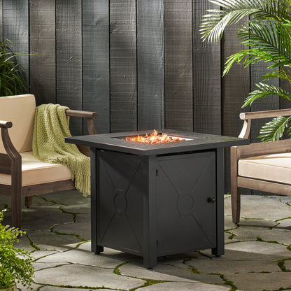 Outdoor Patio Propane Fire Pit 24.5'' H x 28'' W Square Iron Gas-burning Fire Table - 40,000 BTU, Tank in side, Black