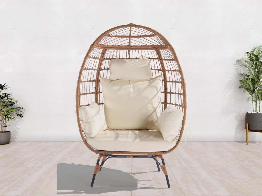 Wicker Egg Chair, Oversized Indoor Outdoor Lounger for Patio, Backyard, Living Room w/ 5 Cushions, Steel Frame, - Beige