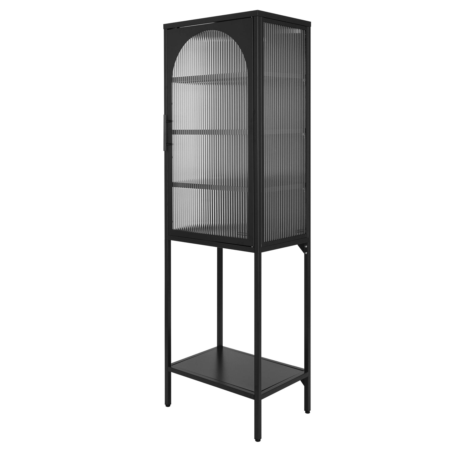 Stylish Tempered Glass High Cabinet with Arched Door Adjustable Shelves and Feet Anti-Tip Dust-free Fluted Glass Kitchen Credenza Black