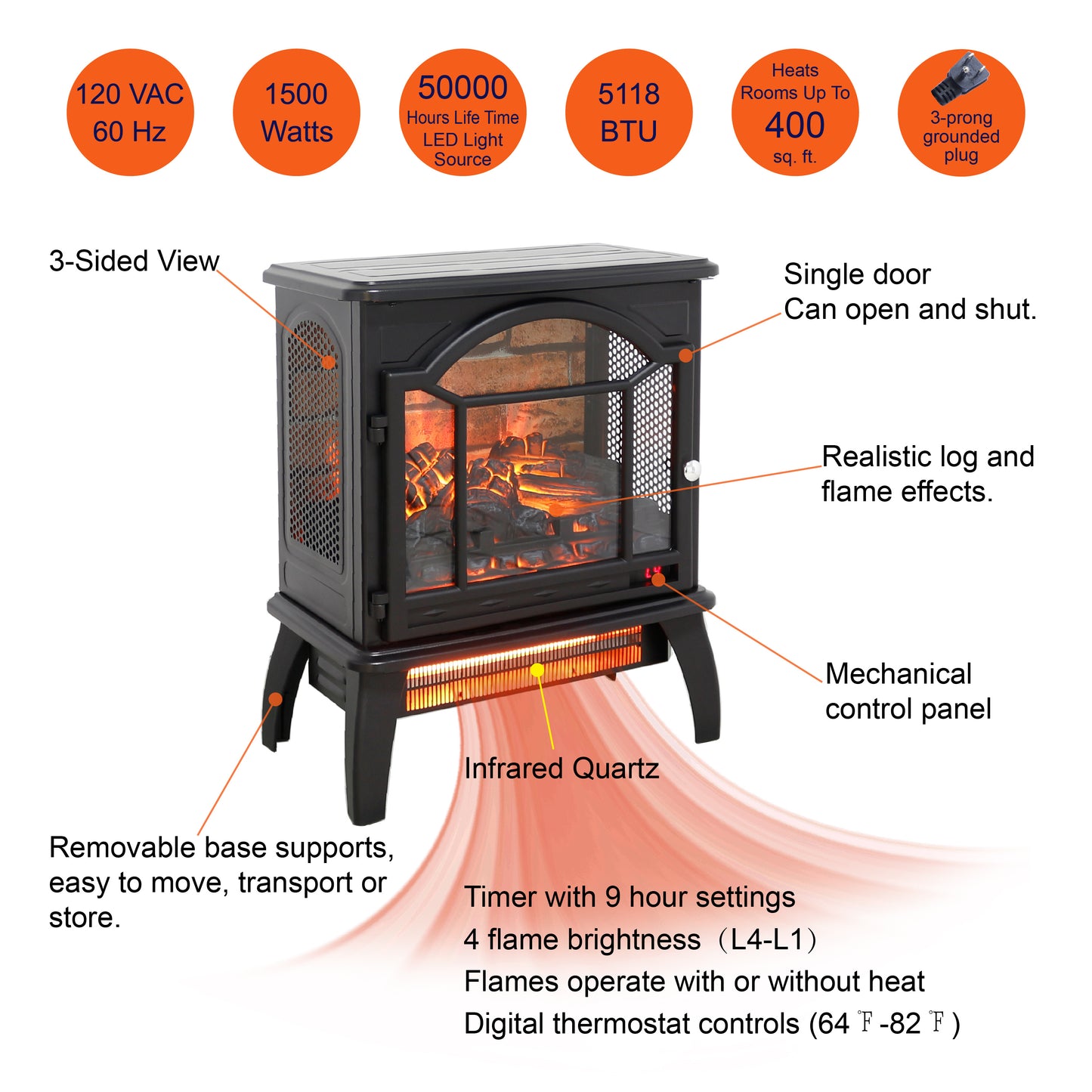 18 inch 3D  Flame Electric Infrared Quartz Fireplace Stove with remote control