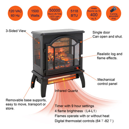 18 inch 3D  Flame Electric Infrared Quartz Fireplace Stove with remote control