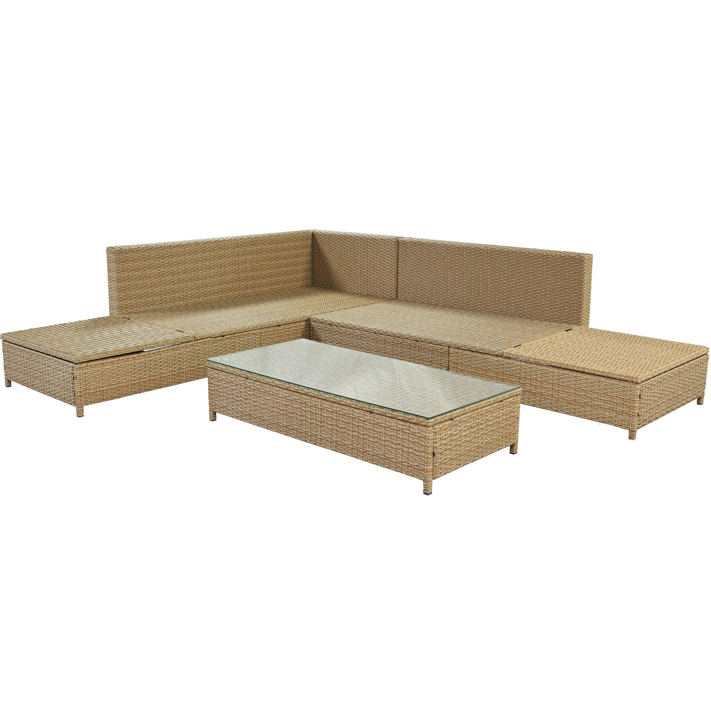 Patio 3-Piece Rattan Sofa Set All Weather PE Wicker Sectional Set with Adjustable Chaise Lounge Frame and Tempered Glass Table, Natural Brown