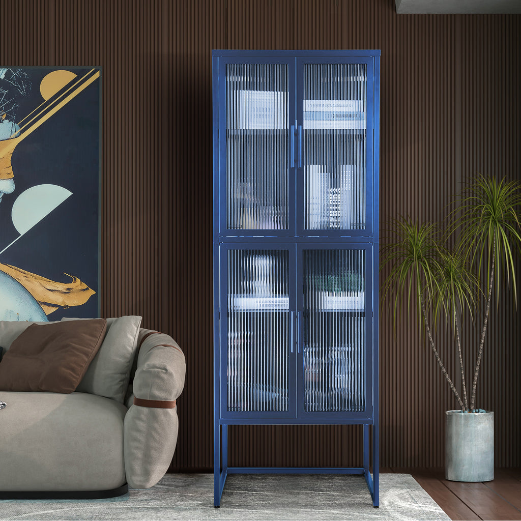 Stylish 4-Door Tempered Glass Cabinet with 4 Glass Doors Adjustable Shelves U-Shaped Leg Anti-Tip Dust-free Fluted Glass Kitchen Credenza Blue