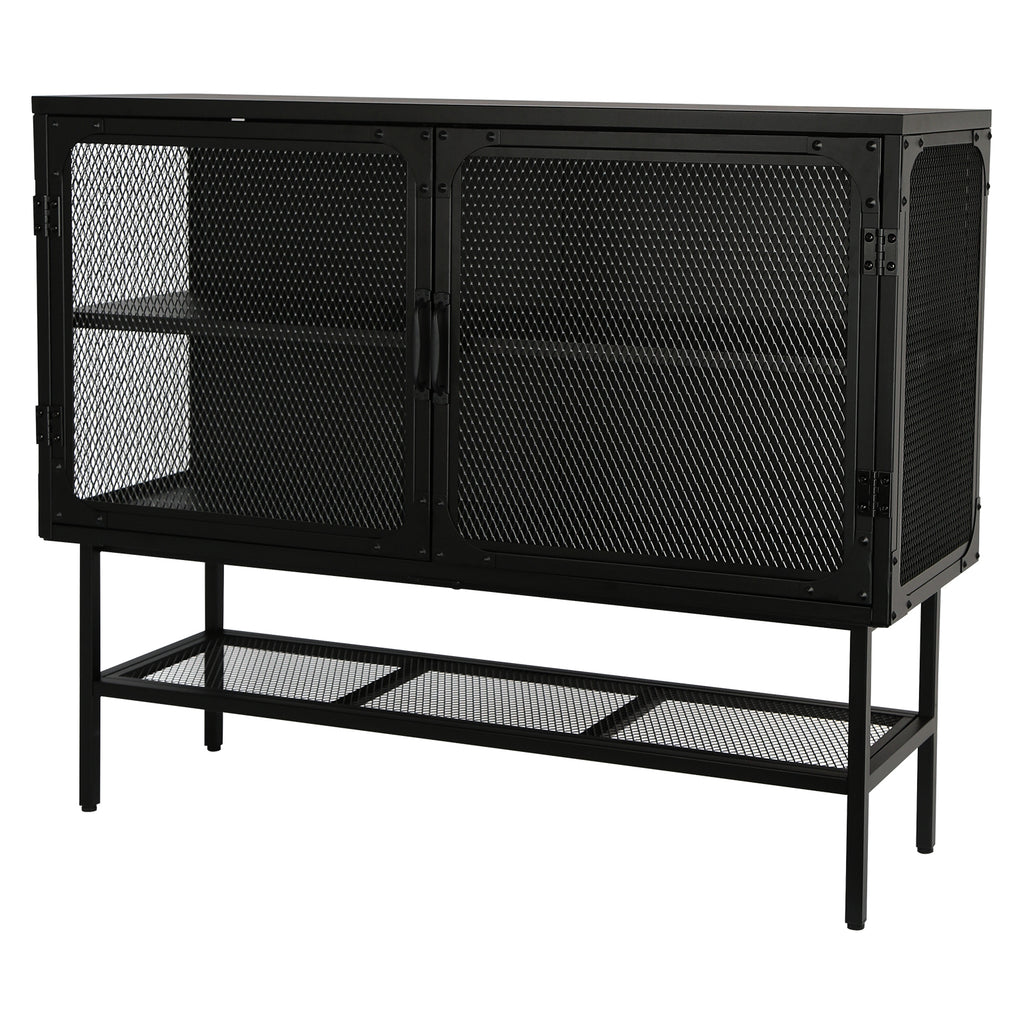 Industrial Double Door Cabinet Console Table with 2 Mesh Doors Adjustable Shelf and Feet Bottom Shelf Anti-Tip Dust-free Kitchen Credenza Sideboard Frosted Black