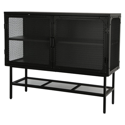 Industrial Double Door Cabinet Console Table with 2 Mesh Doors Adjustable Shelf and Feet Bottom Shelf Anti-Tip Dust-free Kitchen Credenza Sideboard Frosted Black