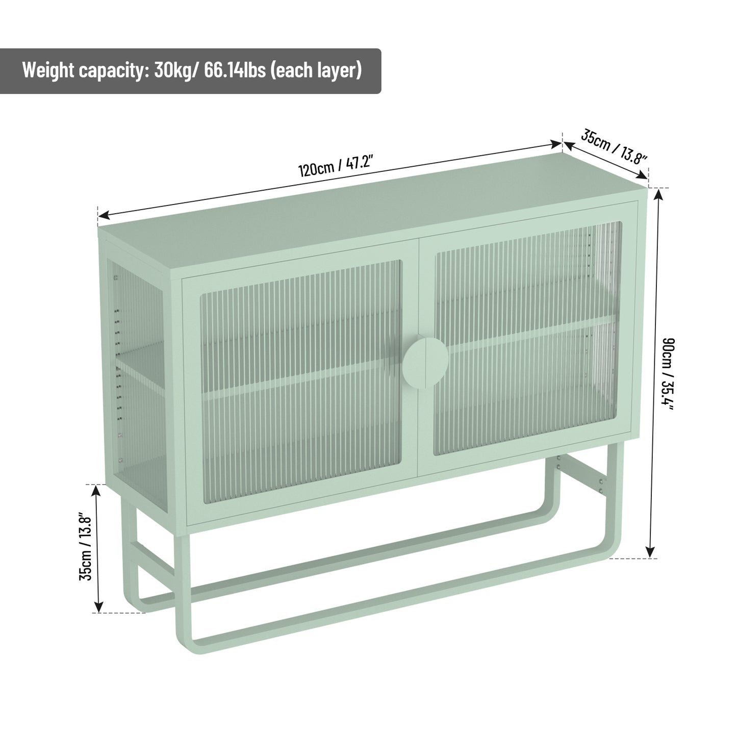 Stylish Tempered Glass Cabinet Credenza with 2 Fluted Glass Doors Adjustable Shelf U-shaped Leg Anti-Tip Dust-free Enclosed Cupboard for Kitchen Living Room Light Green