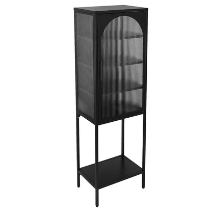 Stylish Tempered Glass High Cabinet with Arched Door Adjustable Shelves and Feet Anti-Tip Dust-free Fluted Glass Kitchen Credenza Black