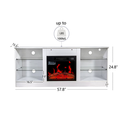 Fireplace TV Stand With 18 Inch Electric Fireplace Heater,Modern Entertainment Center for TVs up to 62 Inch With Adjustable Glass Shelves and Storage Cabinets  ( White )