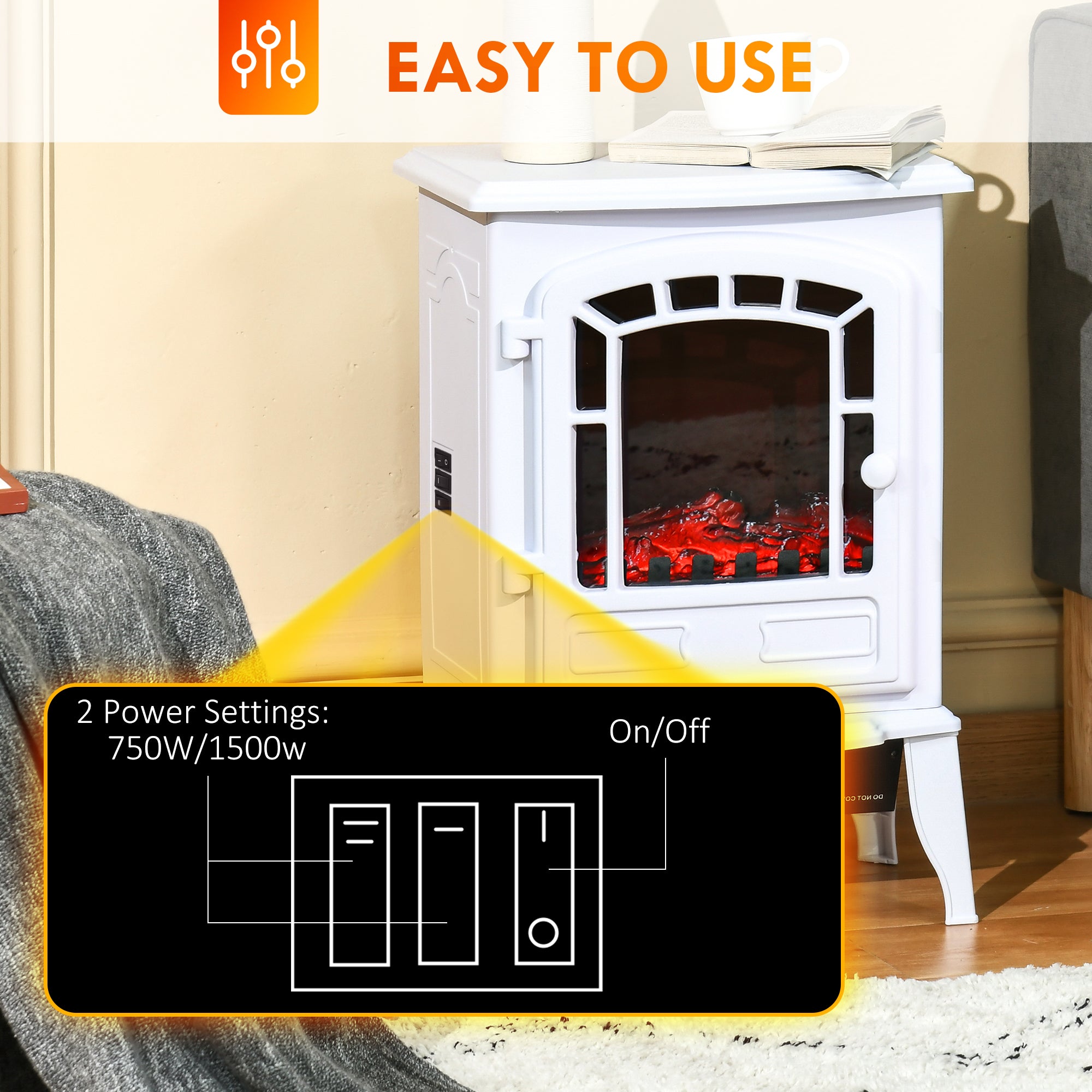 HOMCOM 22" Free standing Electric Fireplace Stove, Fire Place Heater with Realistic Flame Effect, Overheat Safety Protection, 750W / 1500W, White