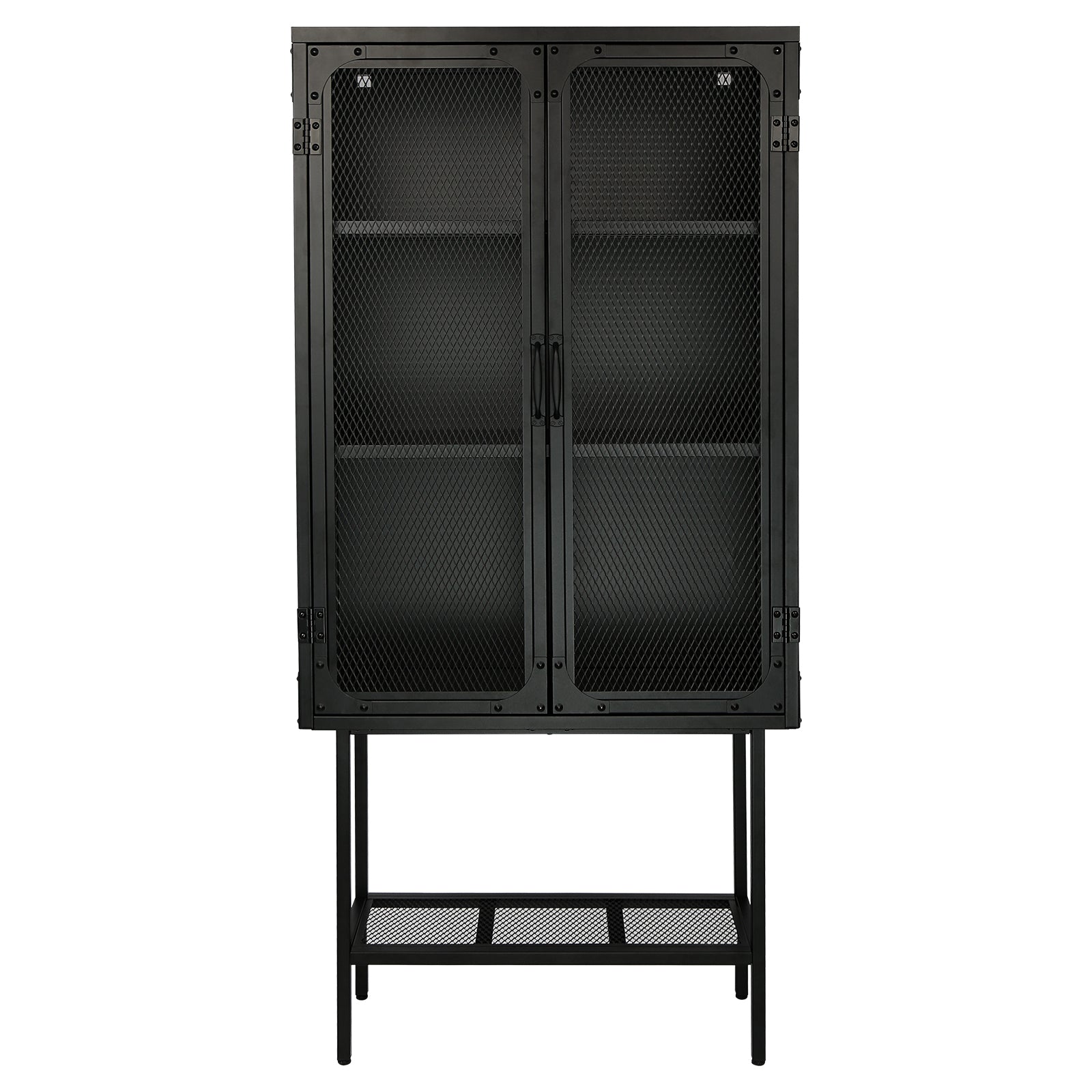 Industrial Cabinet Cupboard with 2 Metal Mesh Doors Adjustable Shelves and Feet Bottom Shelf Anti-Tip Dust-free Kitchen Credenza Sideboard Black
