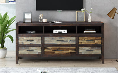 U-Can Retro Distressed Wooden TV Stand for TVs up to 65 Inches, Entertainment Center Media Console with 6 Drawers and 3 Shelves for Living room, Brown