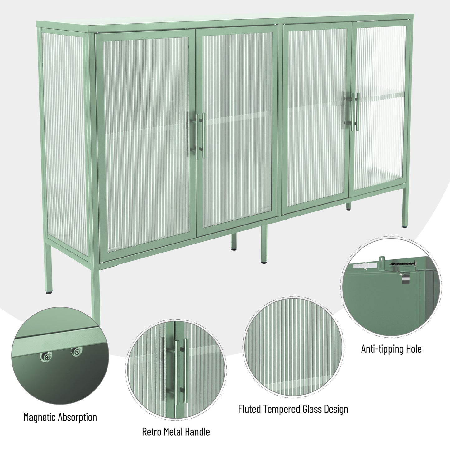 Stylish 4-Door Tempered Glass Cabinet with 4 Glass Doors Adjustable Shelf and Feet Anti-Tip Dust-free Fluted Glass Kitchen Credenza Light Green