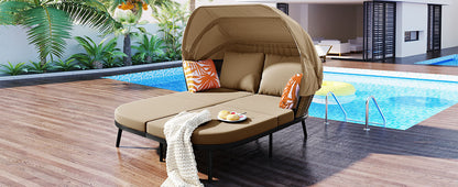 Patio Daybed with Retractable Canopy, Outdoor Rattan PE Wicker Back Loveseat Sofa Set with Throw Pillows and Cushions for Backyard, Poolside, Garden, Brown