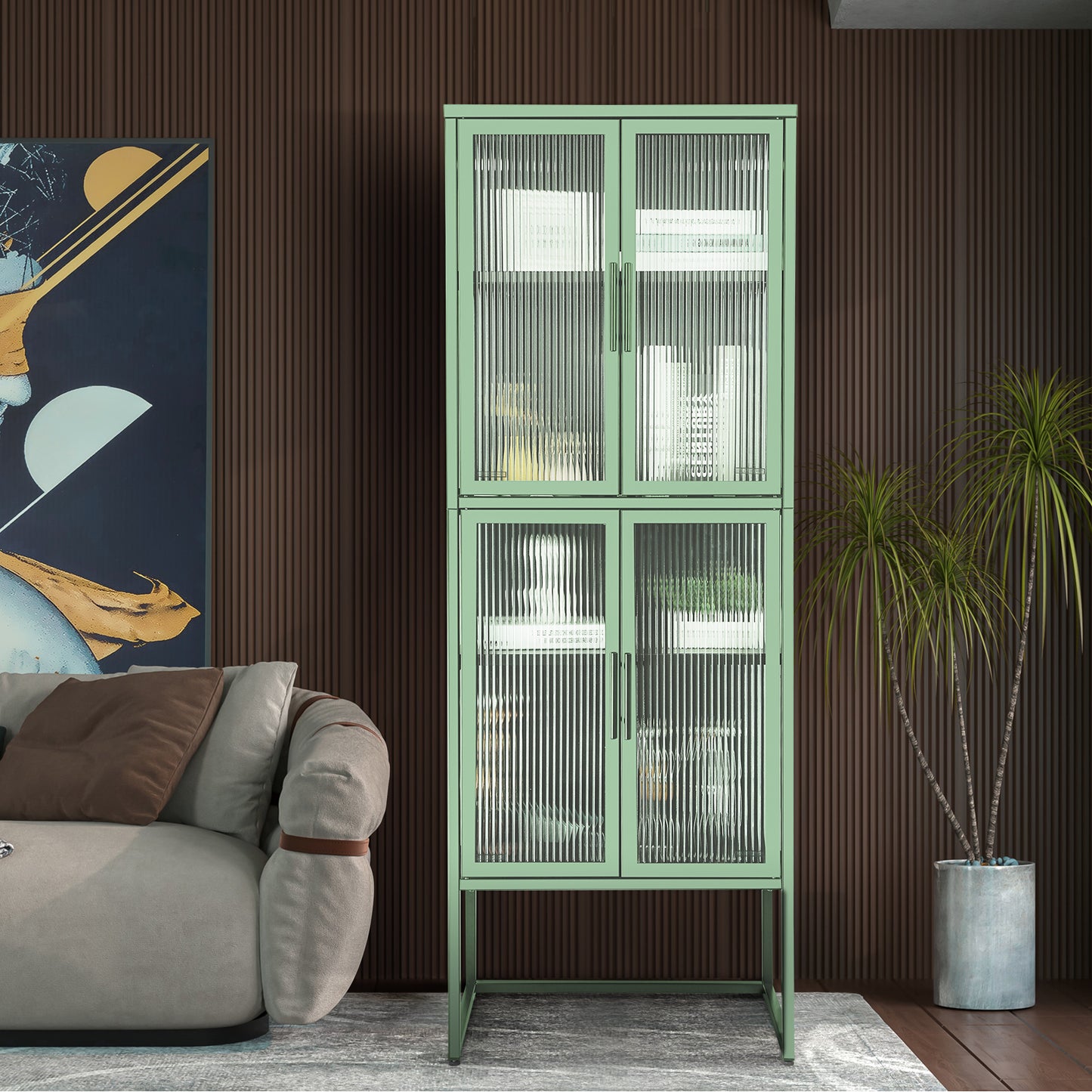 Stylish 4-Door Tempered Glass Cabinet with 4 Glass Doors Adjustable Shelves U-Shaped Leg Anti-Tip Dust-free Fluted Glass Kitchen Credenza Light Green