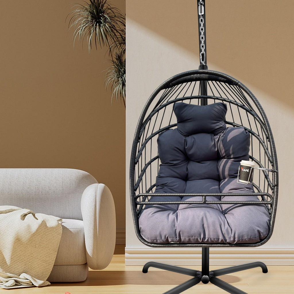 Swing Egg Chair with Stand Indoor Outdoor Wicker Rattan Patio Basket Hanging Chair with C Type bracket , with cushion and pillow,Patio Wicker folding Hanging Chair( Special construction cup holder